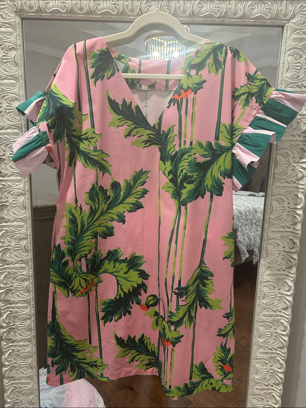 Pink Tropical Leaf Mini Dress with Ruffle Sleeves